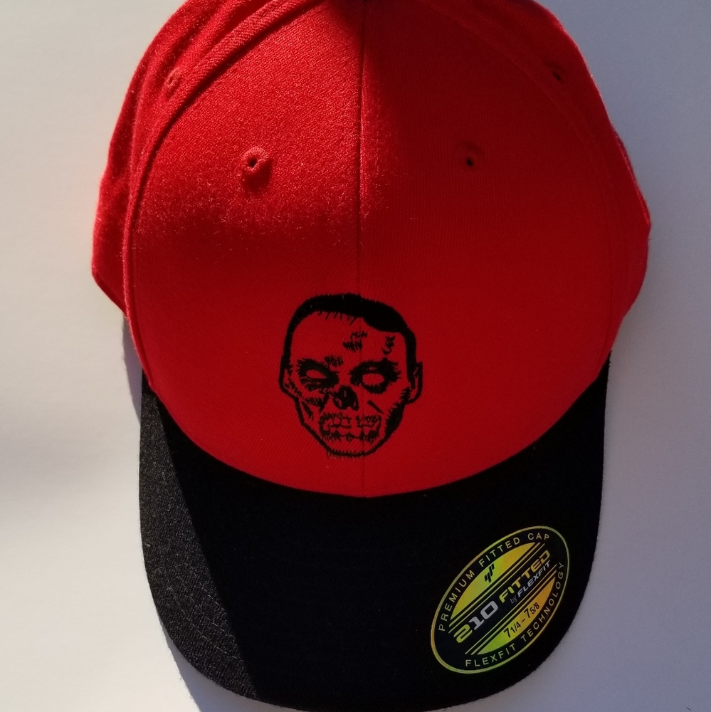 210 Fitted Zombie Baseball Cap by Flexfit Red and Black size 7 1/4- 7 5/8.